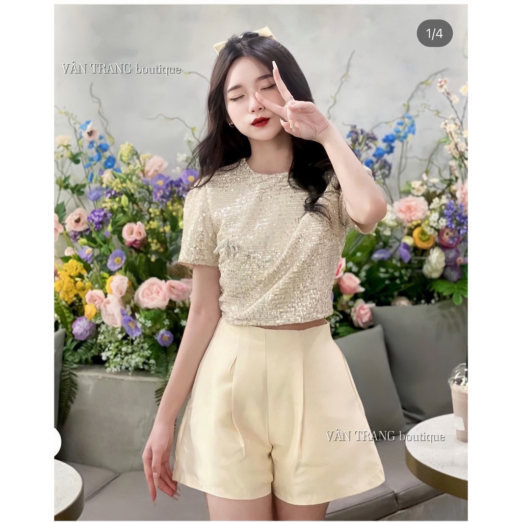 Set Áo Kim Sa Lấp Lánh Croptop Cộc Tay kèm quần Tafta