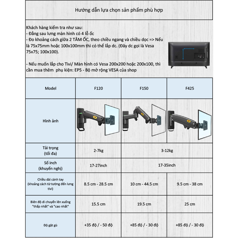 F425/ Giá Treo Màn hình gắn tường/ Tay treo/Arm màn hình gắn tường/ Lò xo thuỷ lực