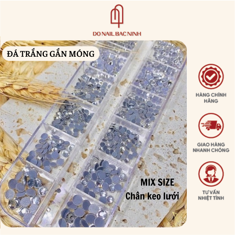 Đá chân keo lưới màu trắng trong trang trí móng siêu đẹp, đá sáng không bong chân - khay 12 ô mix size