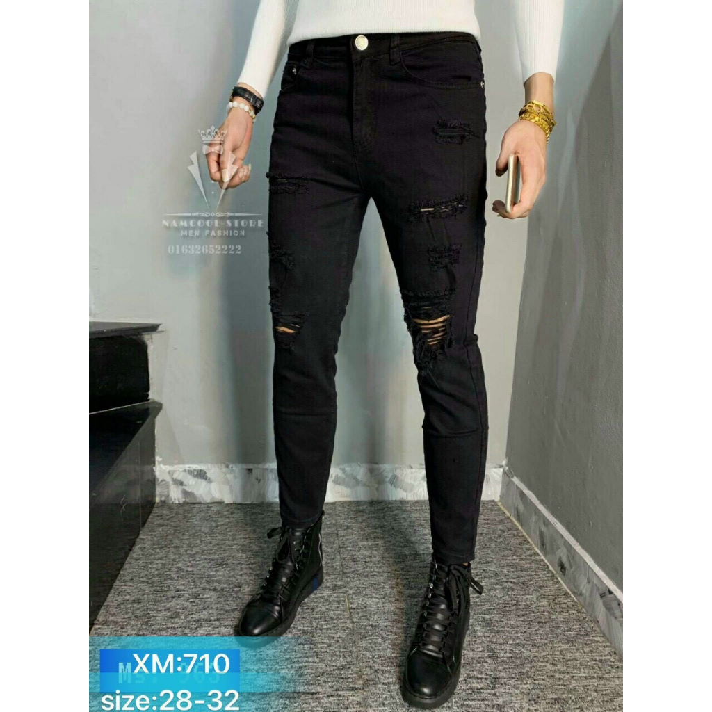 Quần jean nam đen rách nhiều bụi bặm vải dày co giãn form skinny mẫu mới cao cấp-AHFASHION