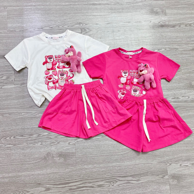 Set áo phông Gấu dâu + quần sooc cute (kèm Gấu bông, 14-40 kg)