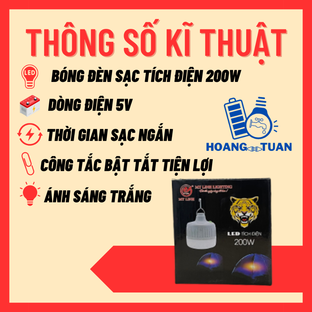 Đèn tích điện Mỹ Linh 200W, đèn sạc hội chợ, đèn sạc dự phòng, siêu sáng, 3 chế độ, hàng chính hãng