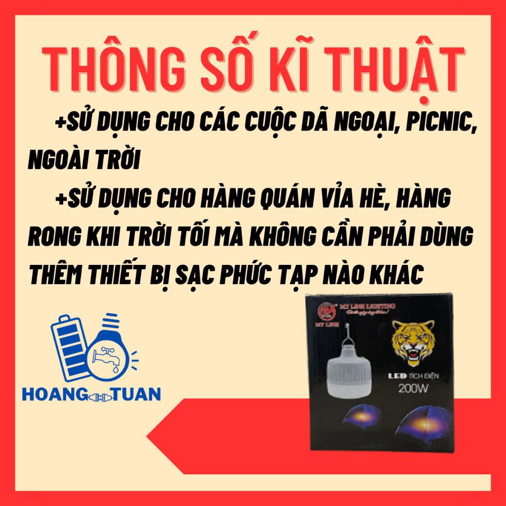 Đèn tích điện Mỹ Linh 200W, đèn sạc hội chợ, đèn sạc dự phòng, siêu sáng, 3 chế độ, hàng chính hãng