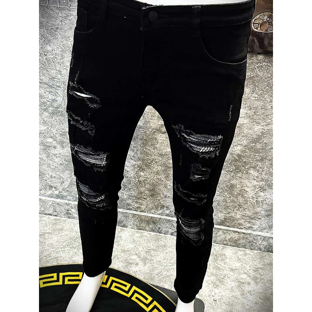 Quần jean nam vá kim tuyến đen rách vải co giãn form skinny mẫu mới cao cấp-AHFASHION
