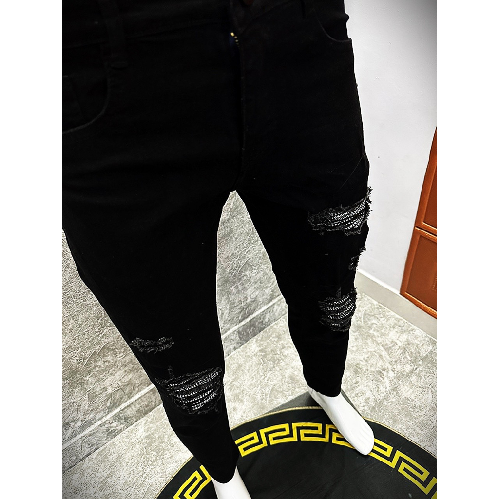 Quần jean nam vá kim tuyến đen rách vải co giãn form skinny mẫu mới cao cấp-AHFASHION