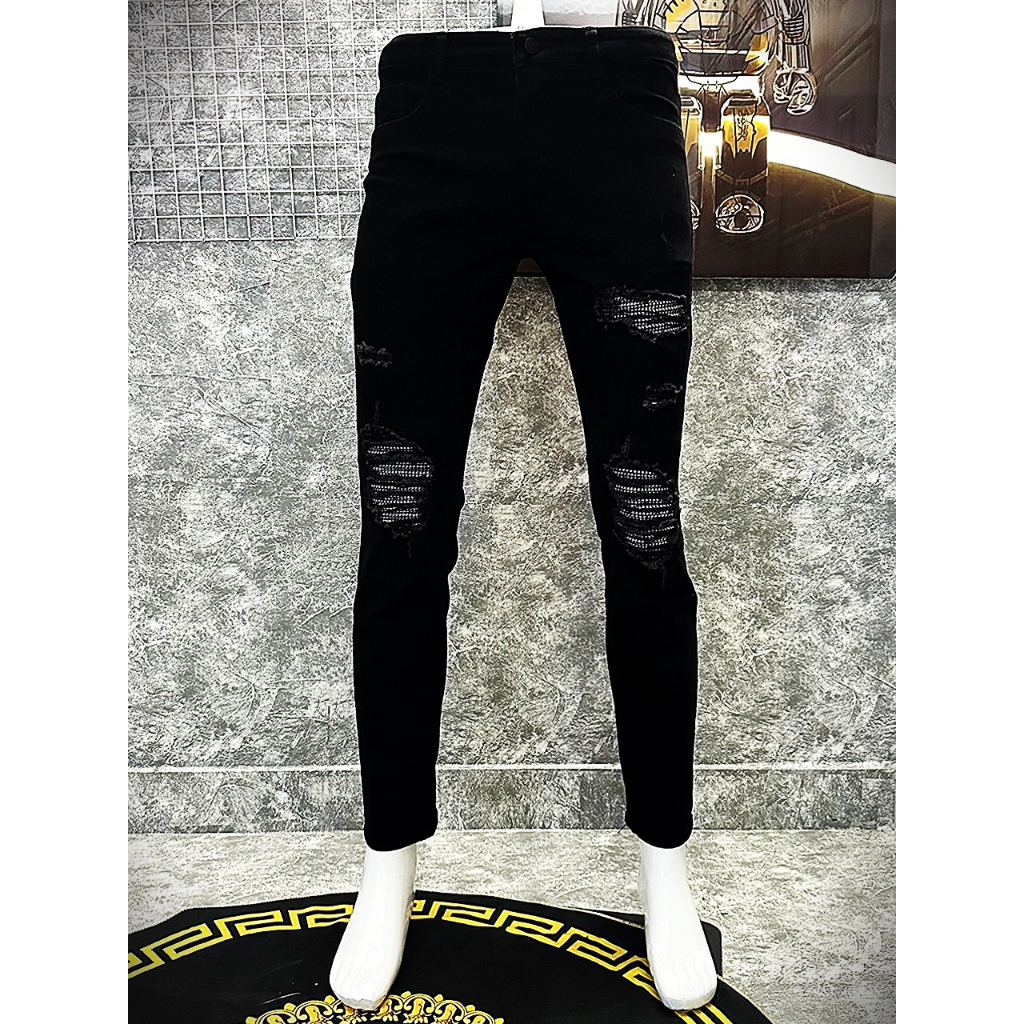 Quần jean nam vá kim tuyến đen rách vải co giãn form skinny mẫu mới cao cấp-AHFASHION