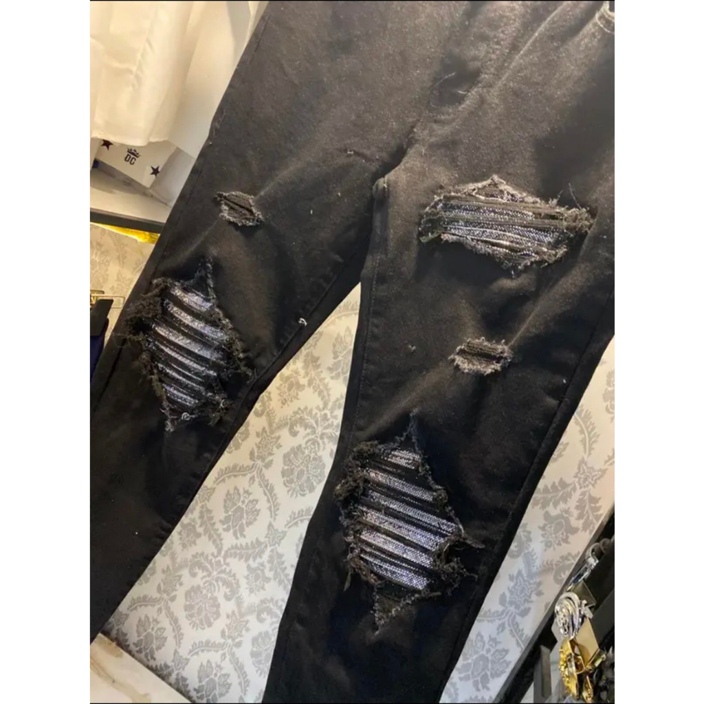 Quần jean nam vá kim tuyến đen rách vải co giãn form skinny mẫu mới cao cấp-AHFASHION