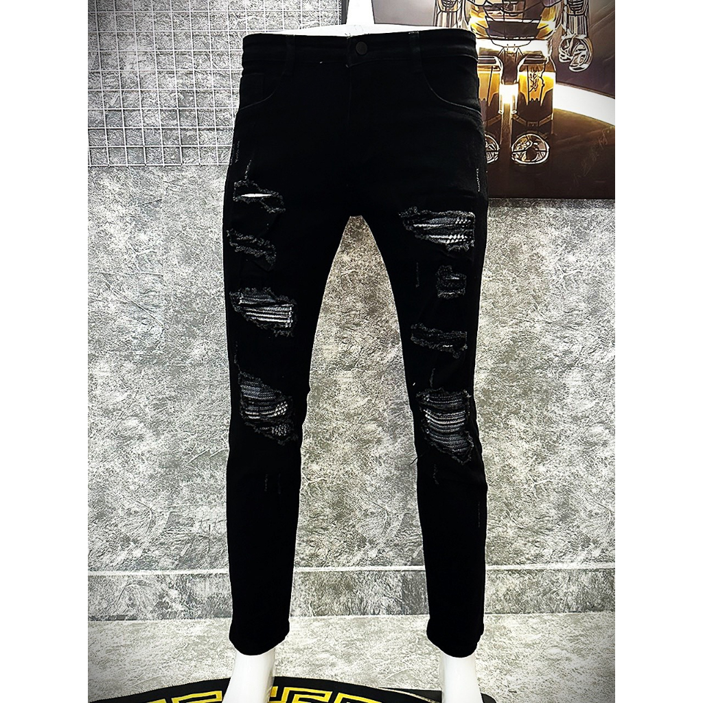 Quần jean nam vá kim tuyến đen rách vải co giãn form skinny mẫu mới cao cấp-AHFASHION