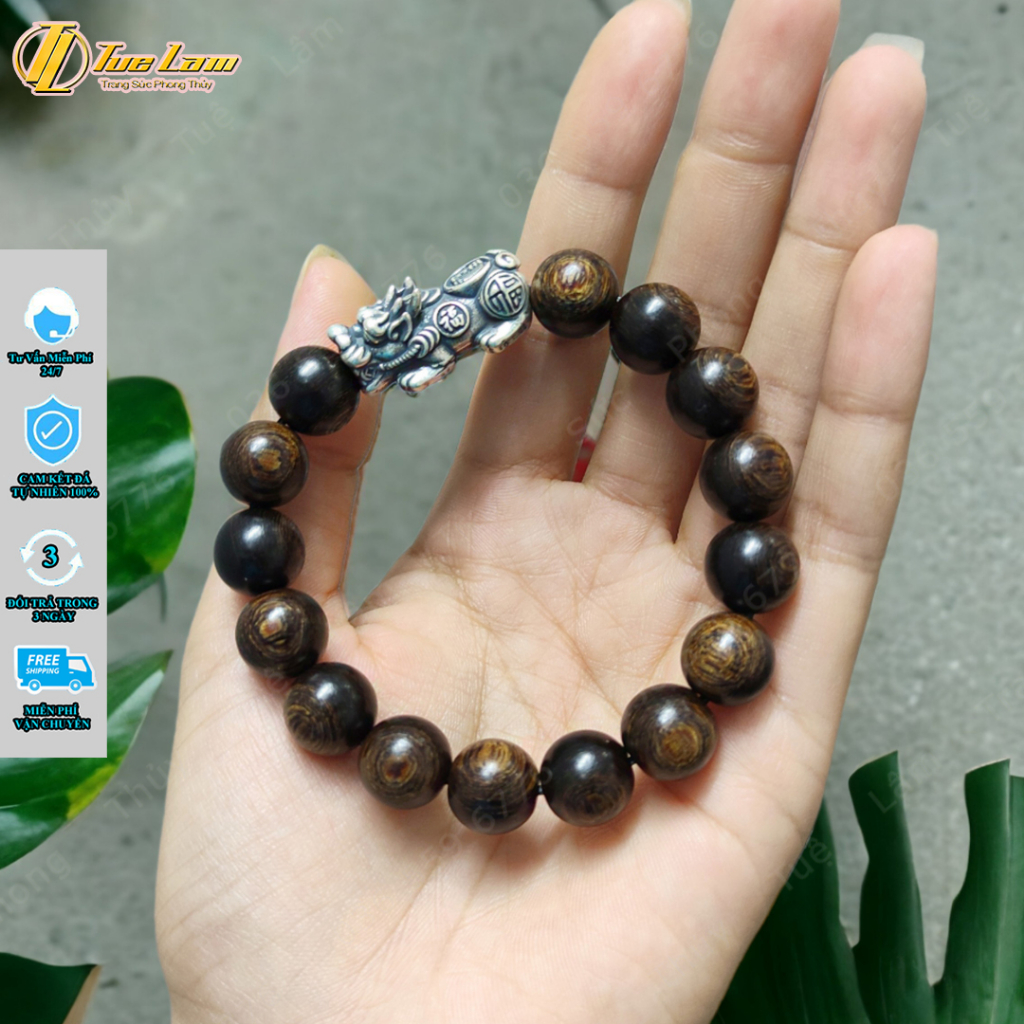 Vòng tay gỗ trầm hương sánh chìm thơm dịu size 12 li mix tỳ hưu bạc si đen tài lộc may mắn