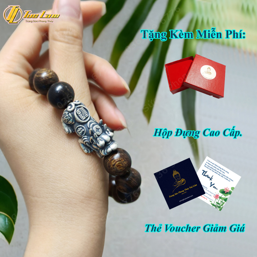 Vòng tay gỗ trầm hương sánh chìm thơm dịu size 12 li mix tỳ hưu bạc si đen tài lộc may mắn