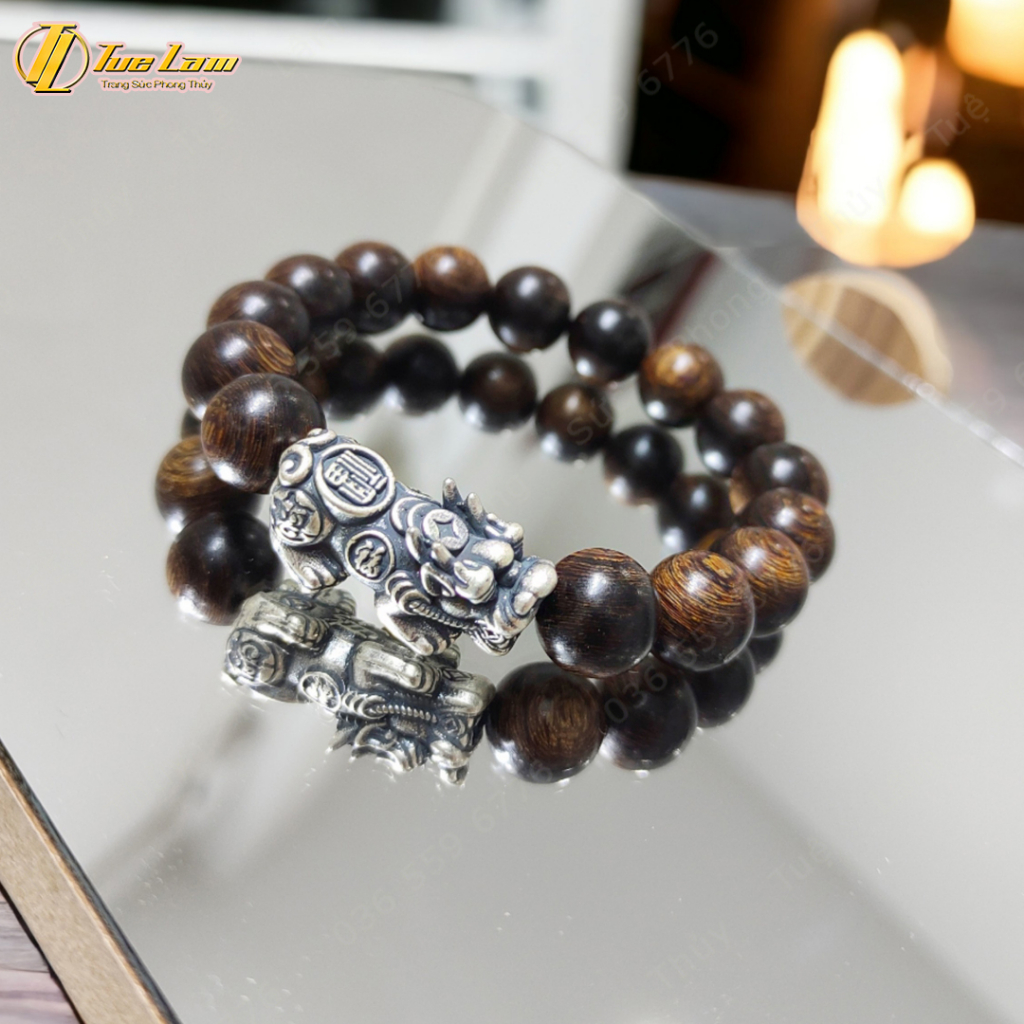 Vòng tay gỗ trầm hương sánh chìm thơm dịu size 12 li mix tỳ hưu bạc si đen tài lộc may mắn