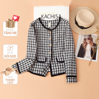 Áo khoác tweed caro trắng đen phối viền KACHISA lót lụa sang trọng 781
