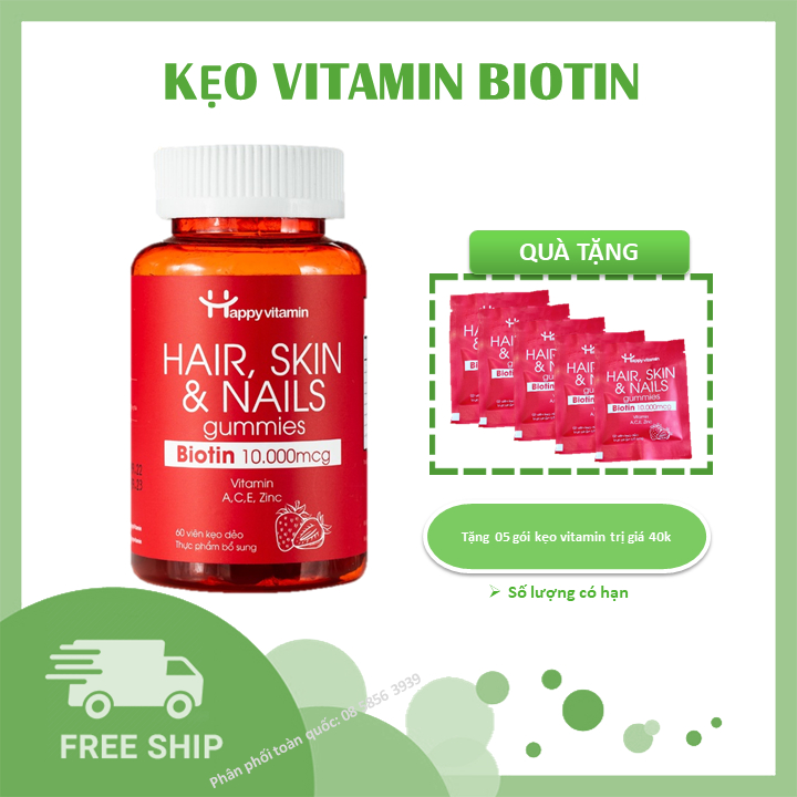 Kẹo dẻo Biotin Happy Vitamin chăm sóc da, kích thích mọc tóc, móng Hair, Skin & Nail Gummies - 60 viên