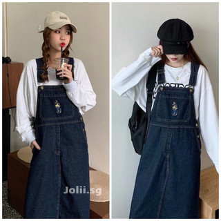Đầm yếm Jeans nữ JOLII.SG dài trơn phối túi trước ngực Hàn Quốc năng động, cá tính