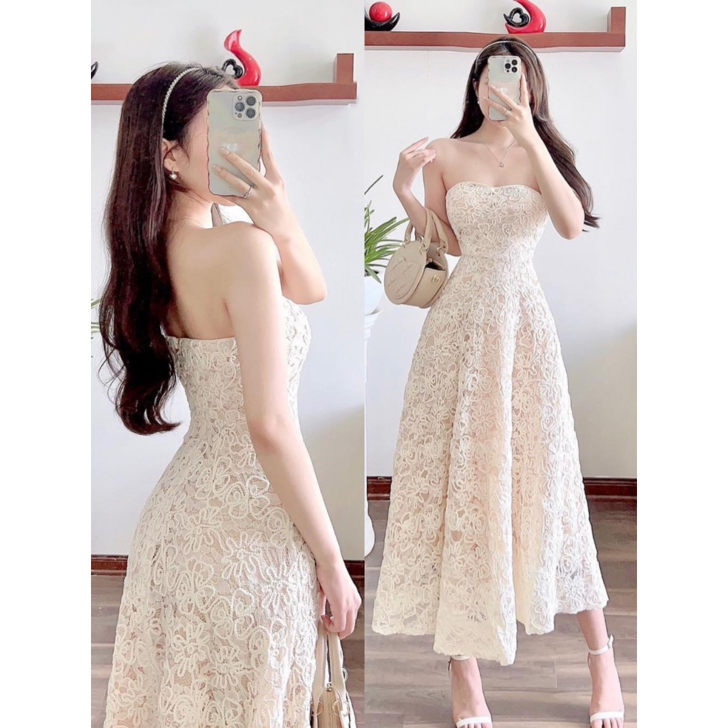 Đầm ren xoè. Có 1 màu. KÈm hình chụp thật 100%. Size dưới 54kg vừa. ĐƠn giản mà đẹp nha mấy chế ơiiiiiiiii