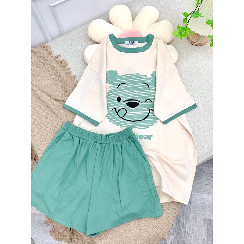 Set bộ đùi chất cotton su form rộng tay lỡ - Gấu pol kẻ vạch