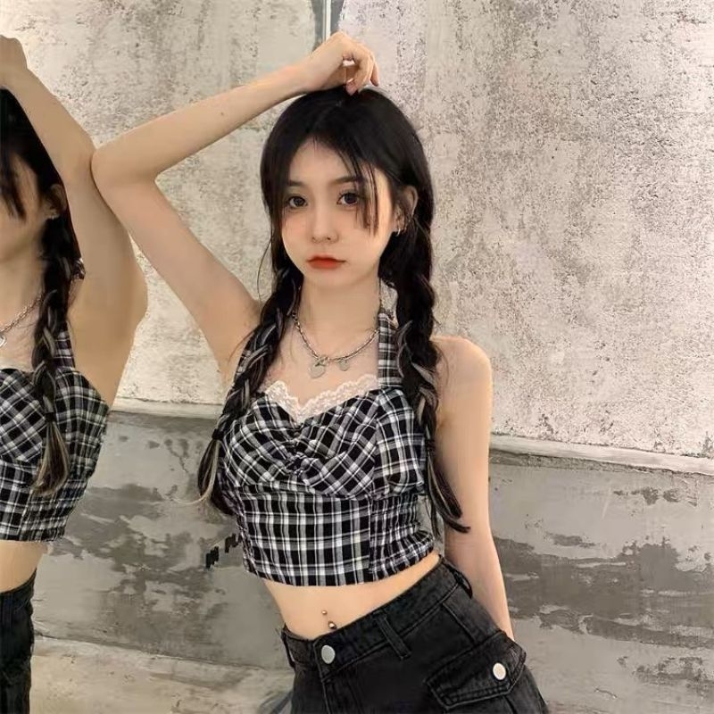 Áo yếm 2 dây phối viền ren ngực thiết kế họa tiết kẻ caro đen buộc nơ sau cổ có chun lưng co giãn - Ảnh thật Yena Closet