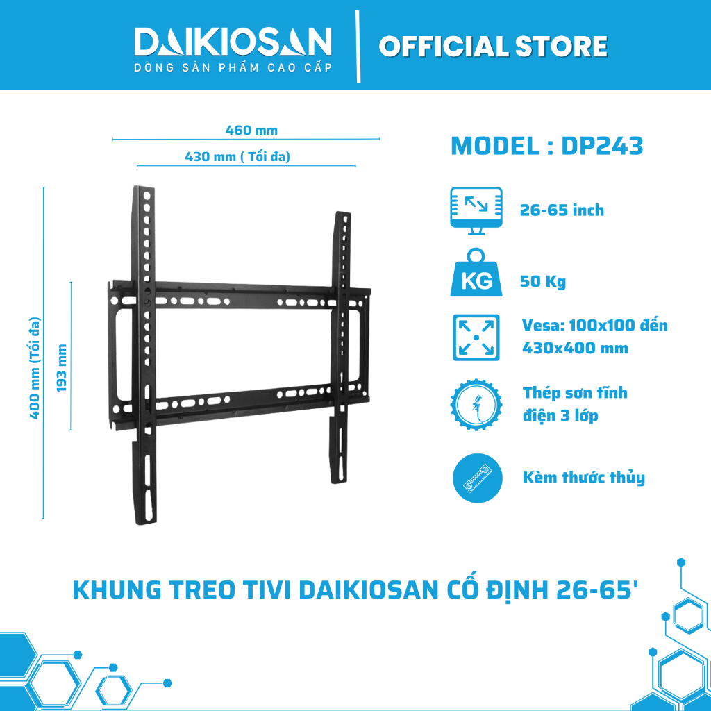 Giá treo tivi Daikiosan cố định, nghiêng 32 inch, 42 inch, 55 inch, 65 inch chính hãng [Giao hỏa tốc 30 phút HCM]