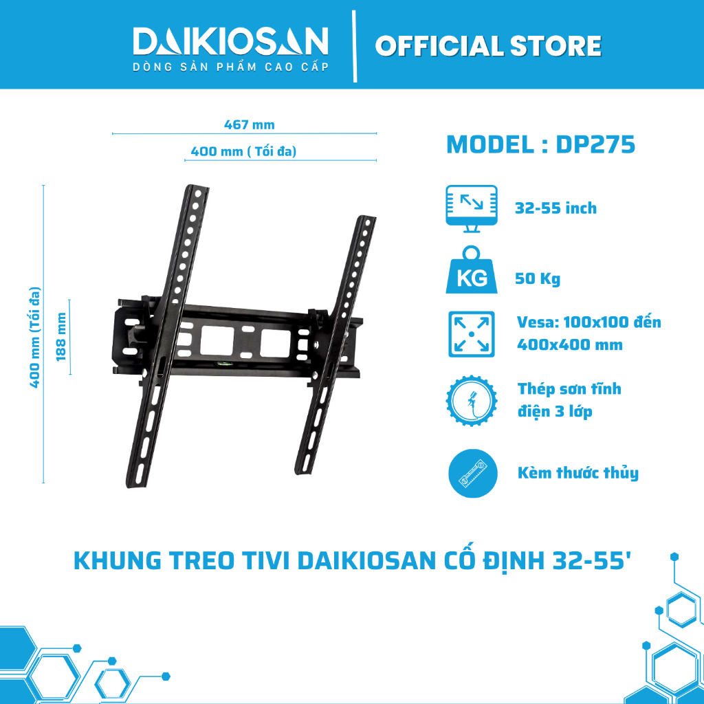 Giá treo tivi Daikiosan cố định, nghiêng 32 inch, 42 inch, 55 inch, 65 inch chính hãng [Giao hỏa tốc 30 phút HCM]