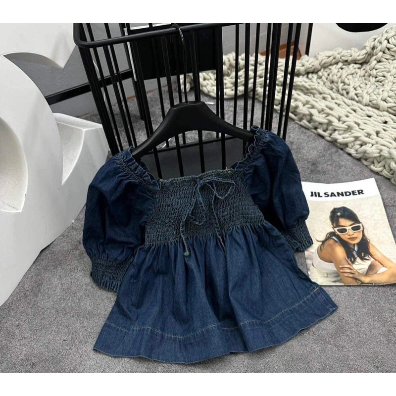 [NEW]ÁO KIỂU DENIM CHUN NGỰC THẮT NƠ TAY BỒNG”DEMI TOP” tiểu thư