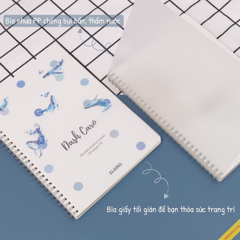 Sổ_Vở kẻ ngang/Caro 120-200 trang Klong lò xo kép bìa nhựa hai mặt chống thấm nước cao cấp