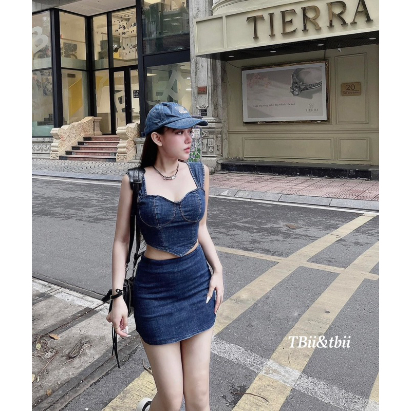 Set áo cup ngực mix chân váy jean Kiều Trang Basic
