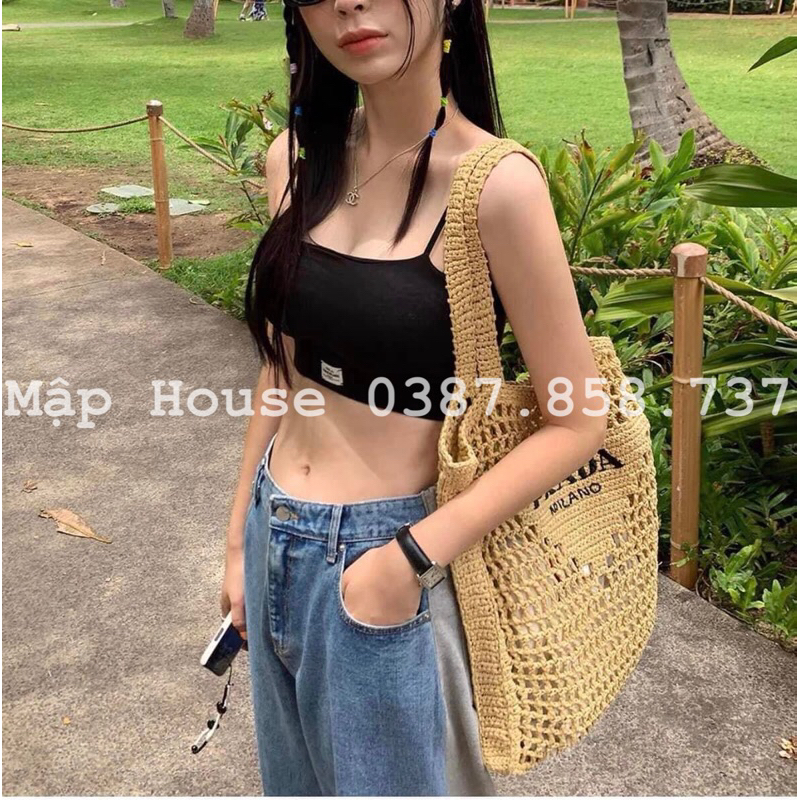 Túi cói lưới chữ nhật đi biển thêu chữ phong cách Vintage