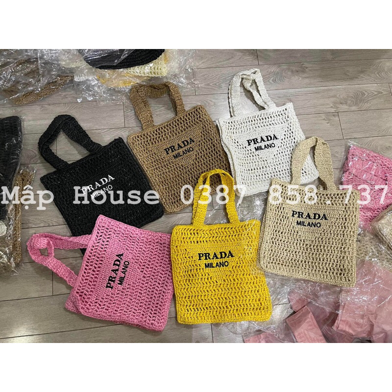 Túi cói lưới chữ nhật đi biển thêu chữ phong cách Vintage
