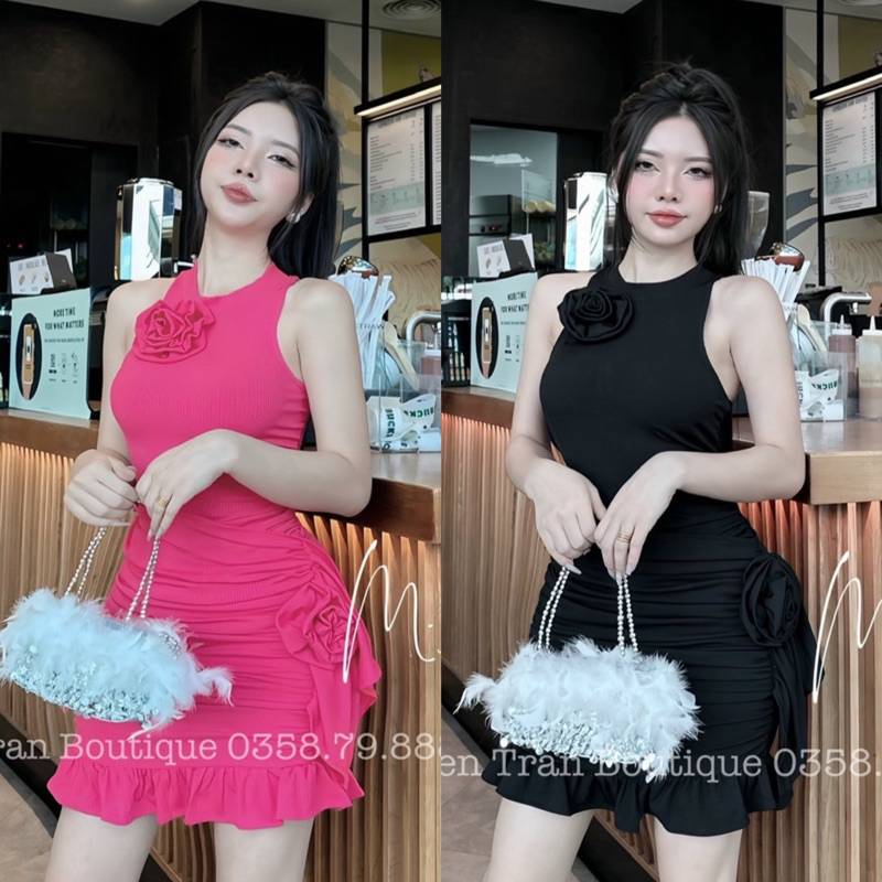 ĐẦM THIẾT KẾ BA LỖ ĐÍNH HOA DÁNG NGẮN ĐUÔI CÁ VIỀN BÈO