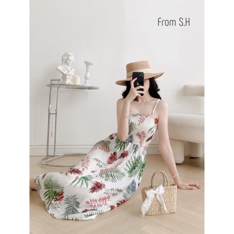 VÁY ĐI BIỂN- VÁY ĐŨI 2 DÂY CHUN NGỰC- SET VÁY ÁO ĐI BIỂN HOA LÁ