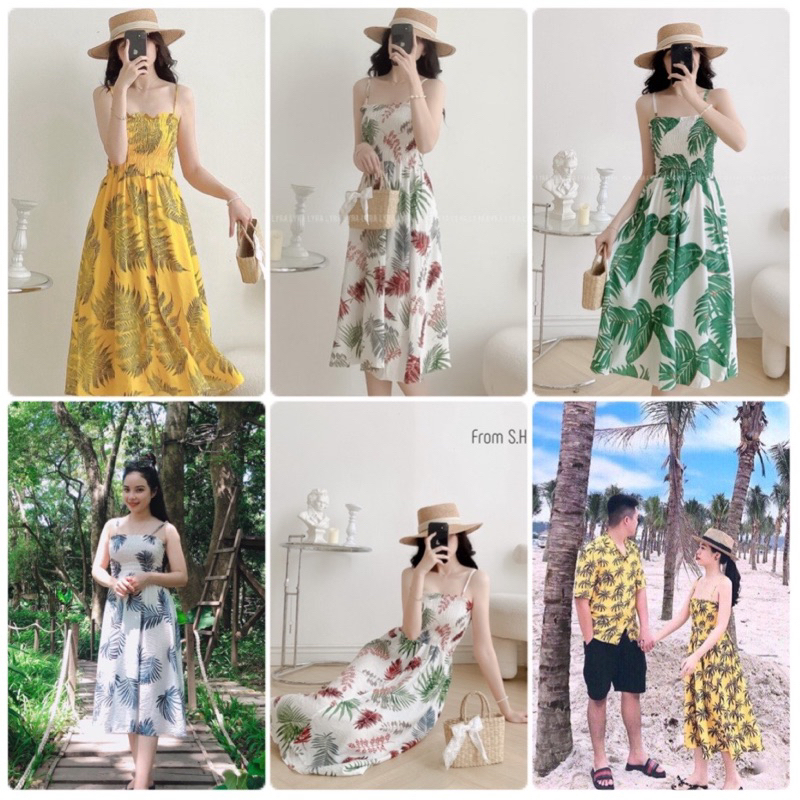 VÁY ĐI BIỂN- VÁY ĐŨI 2 DÂY CHUN NGỰC- SET VÁY ÁO ĐI BIỂN HOA LÁ