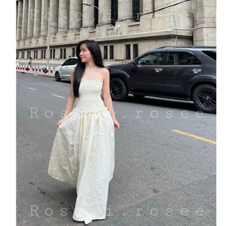 Đầm kem chun lưng vải gấm nơ