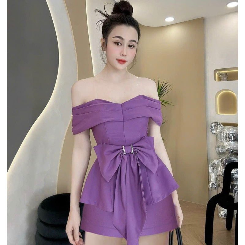 BIGSIZETIX Sét bộ áo nơ trễ vai (có mút ngực và 2 dây trong) kèm quần ngắn Xinh Xắn 50-90kg