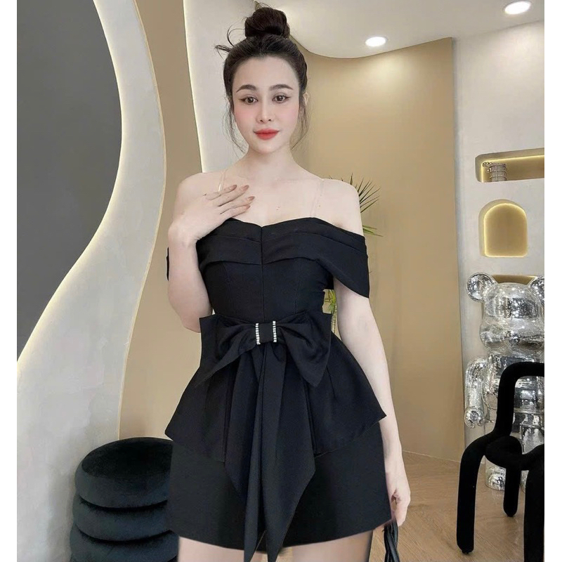 BIGSIZETIX Sét bộ áo nơ trễ vai (có mút ngực và 2 dây trong) kèm quần ngắn Xinh Xắn 50-90kg