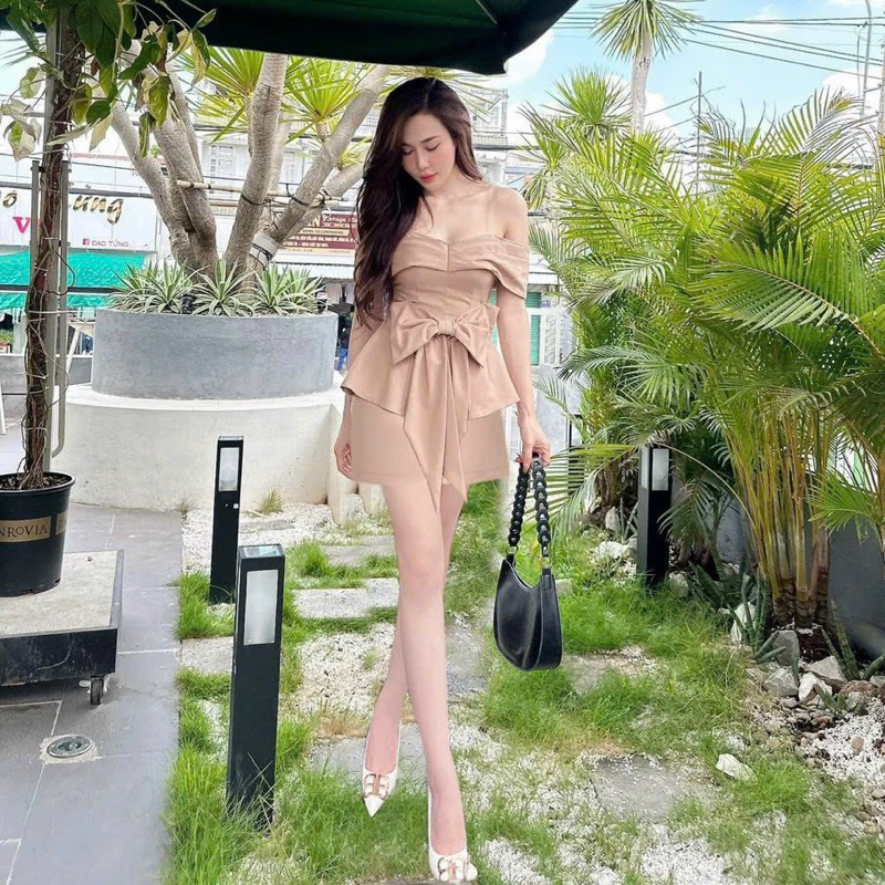 BIGSIZETIX Sét bộ áo nơ trễ vai (có mút ngực và 2 dây trong) kèm quần ngắn Xinh Xắn 50-90kg