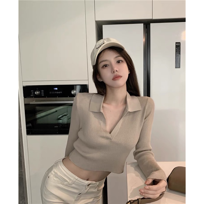 Áo thun nữ croptop tay dài bẻ chất thun len tăm, Áo croptop nữ tay dài cổ sơ mi ôm body tôn dáng chất thun tăm CỔ BẺ