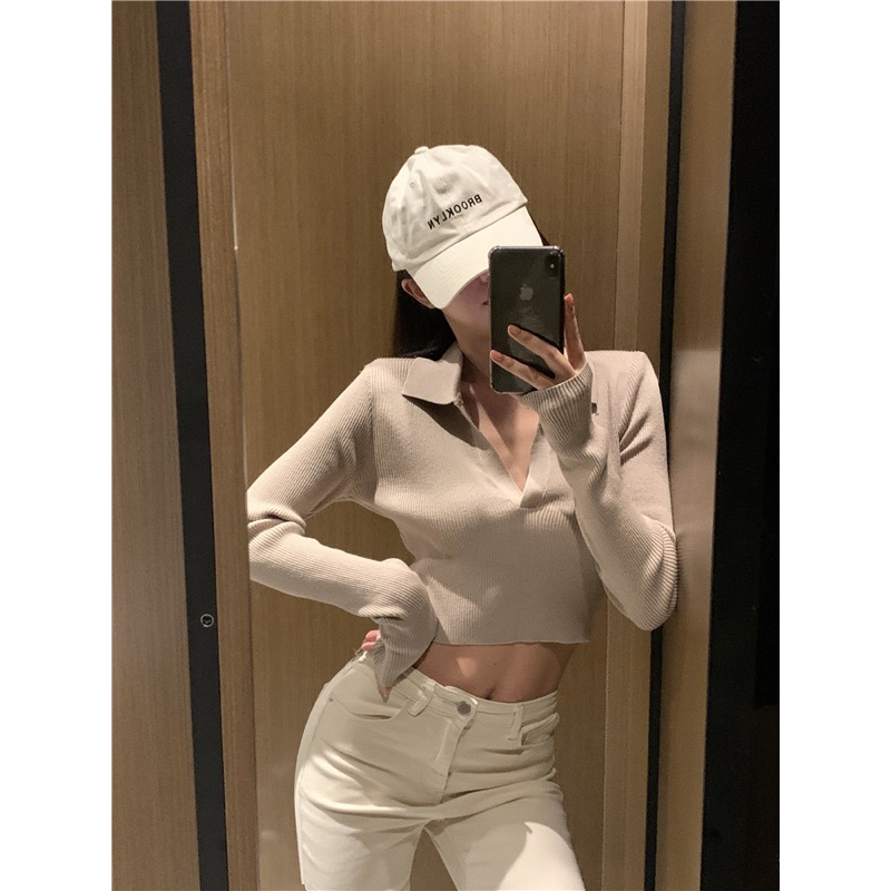 Áo thun nữ croptop tay dài bẻ chất thun len tăm, Áo croptop nữ tay dài cổ sơ mi ôm body tôn dáng chất thun tăm CỔ BẺ