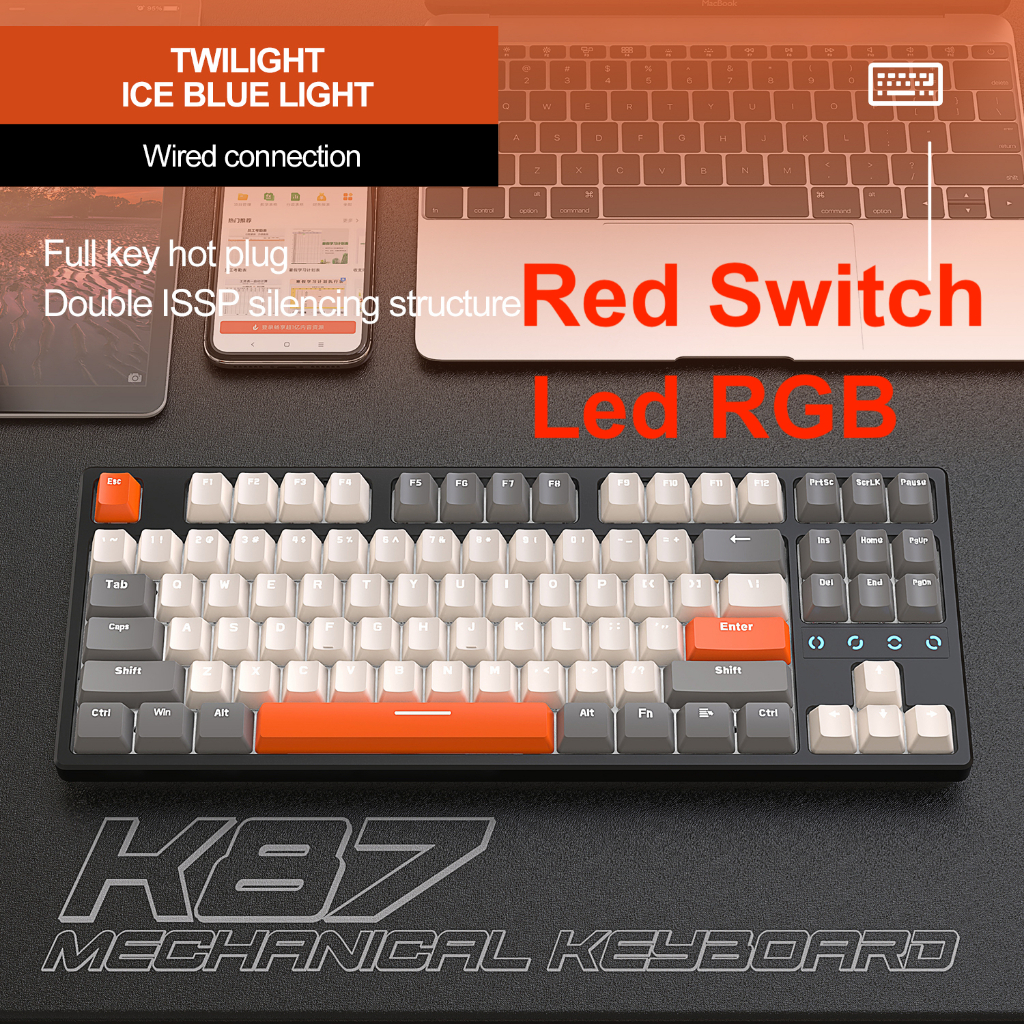 Bàn phím cơ K87 có Hot Swap 87 phím Led đơn, RGB Redswitch Cáp Type C rời nhỏ gọn chuyên chơi game, làm việc văn phòng