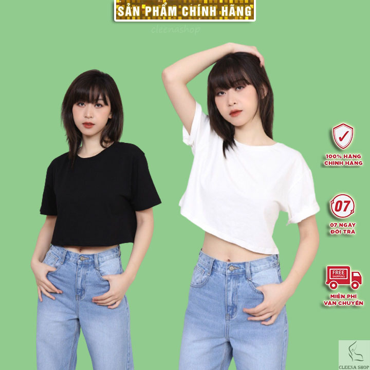 Áo croptop cổ tròn nữ trơn form rộng màu Đen, xanh lá, trắng, cam freesize sản xuất tại Việt Nam