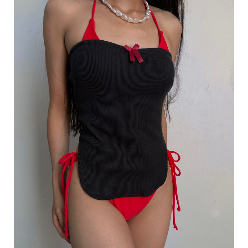 Áo thun quây xẻ hông đính nơ dễ thương