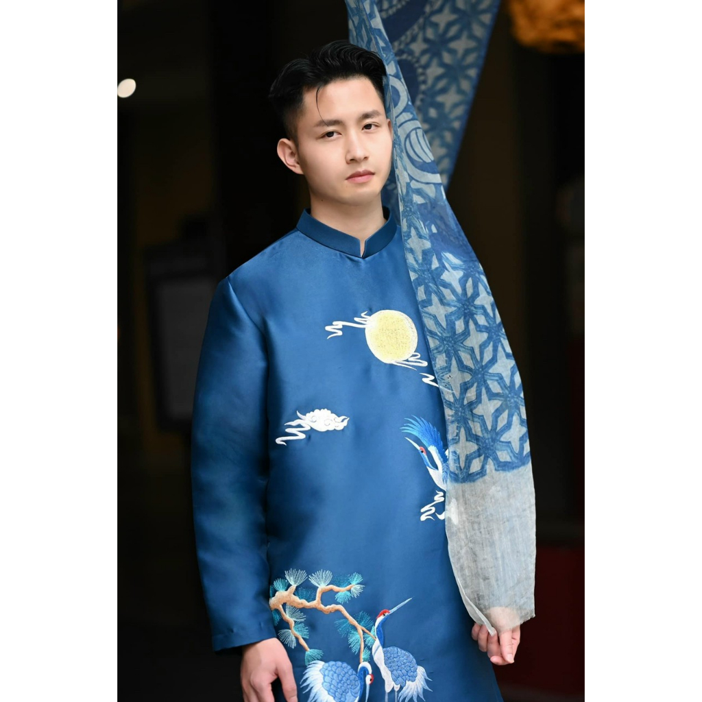Áo dài nam cách tân truyền thống xanh cổ vịt, xanh navi hoạ tiết thêu HẠC  - Mai Áo Dài