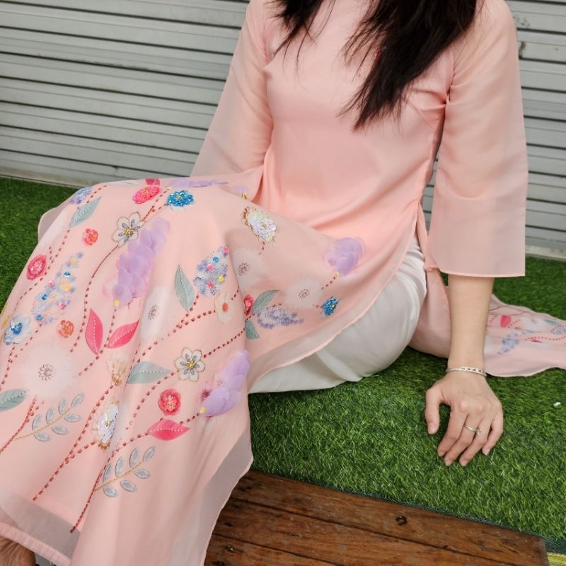 Áo dài cách tân nữ Mộc Trà các màu, 4 tà tơ ánh lót lụa, đính kết thủ công cao cấp - Mai Áo Dài