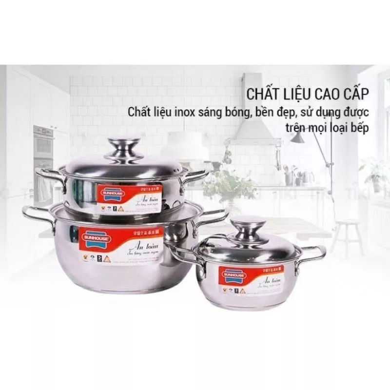 BỘ NỒI SUNHOUSE INOX 3 ĐÁP 16/20/24 cm