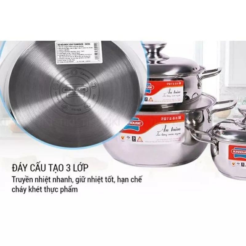 BỘ NỒI SUNHOUSE INOX 3 ĐÁP 16/20/24 cm