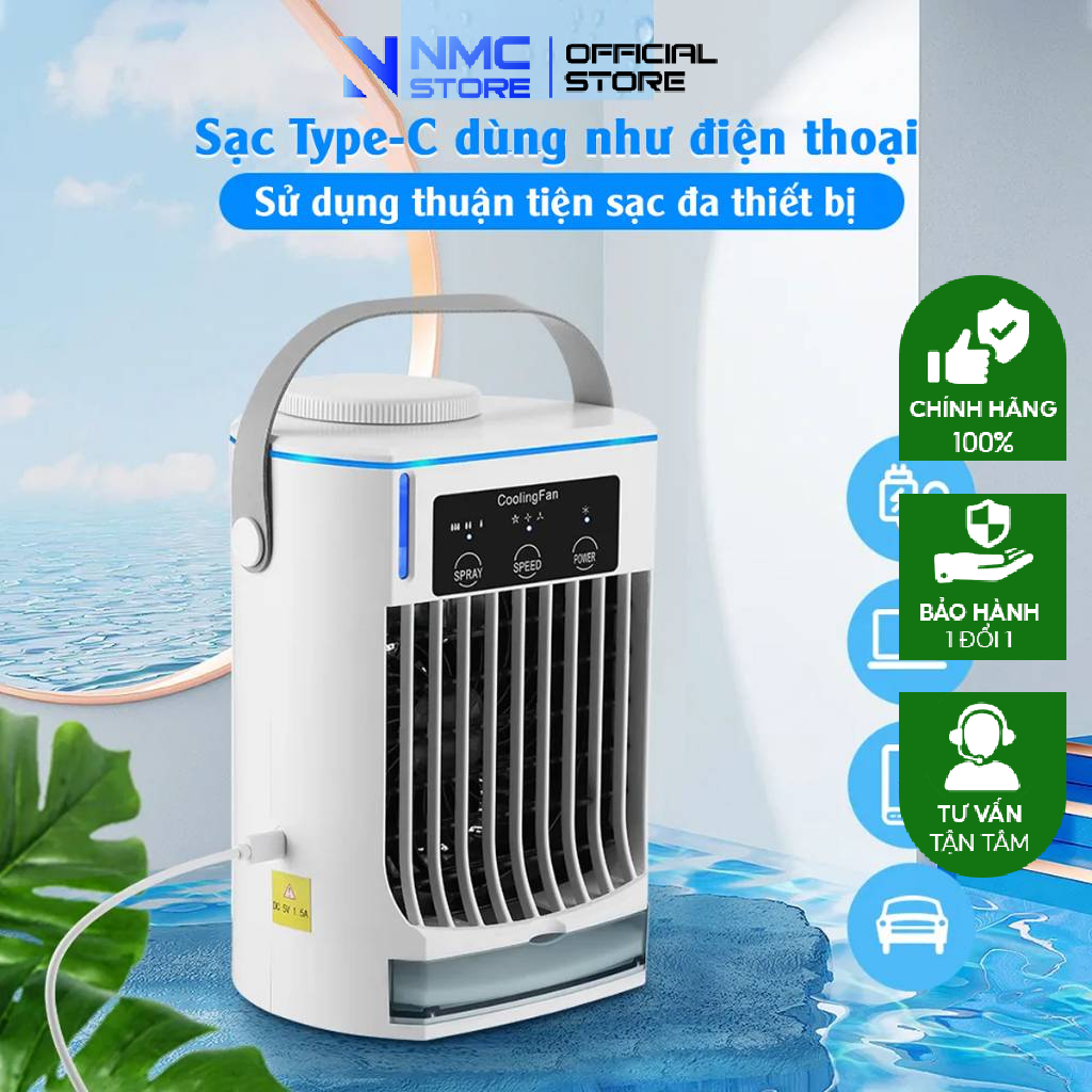 Quạt điều hoà để bàn NMC cao cấp 500ml - Nâng cấp động cơ mạnh DC-12v, 3 tốc độ gió mạnh, phun hơi đều, có led