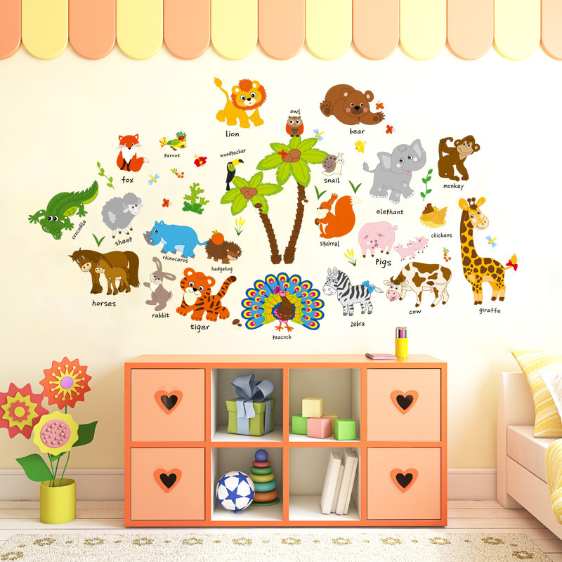 Tranh dán tường cho bé, đề can dán tường cho bé trai bé gái học các con vật tiếng anh, hình dán sticker thú