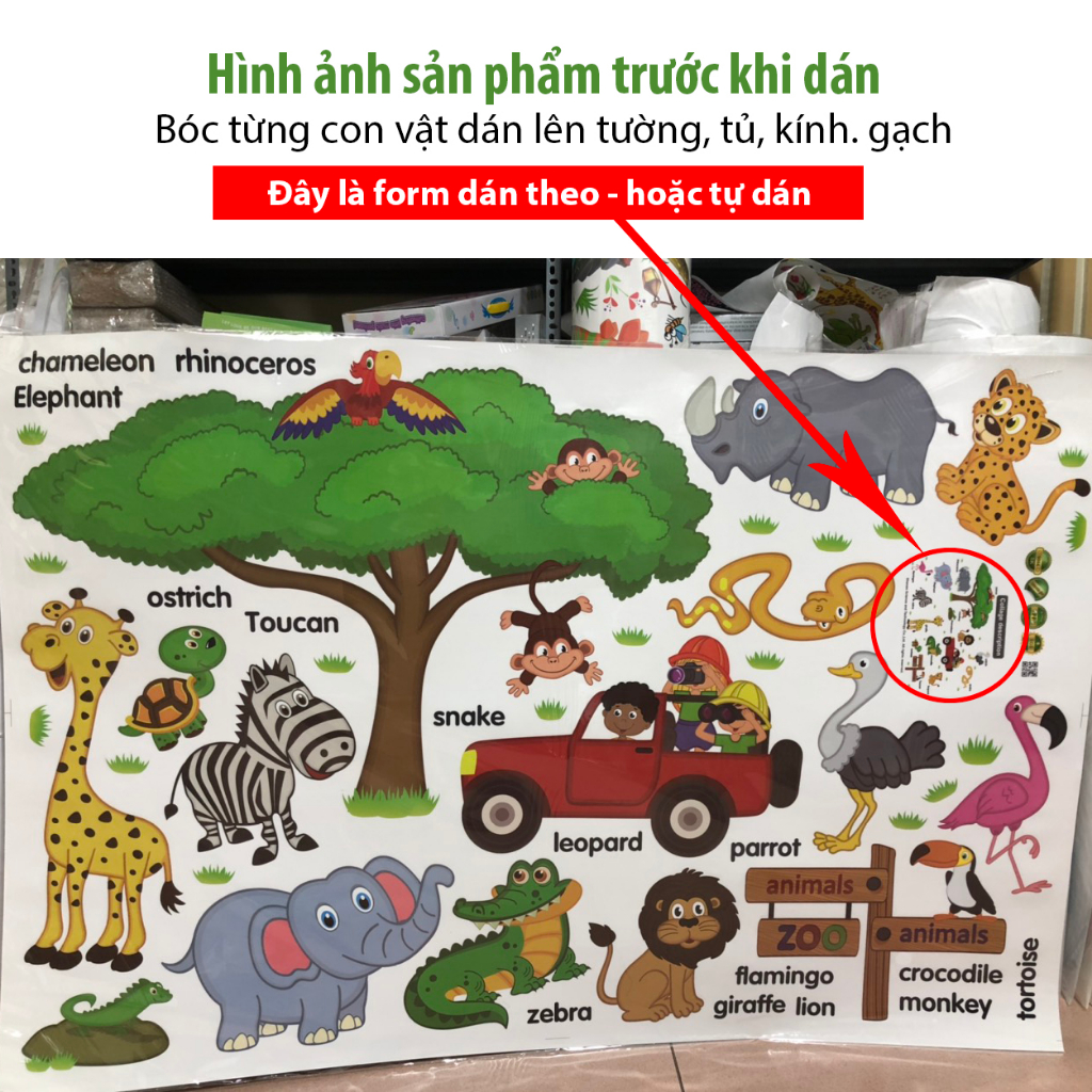 Tranh dán tường cho bé, đề can dán tường cho bé trai bé gái học các con vật tiếng anh, hình dán sticker thú