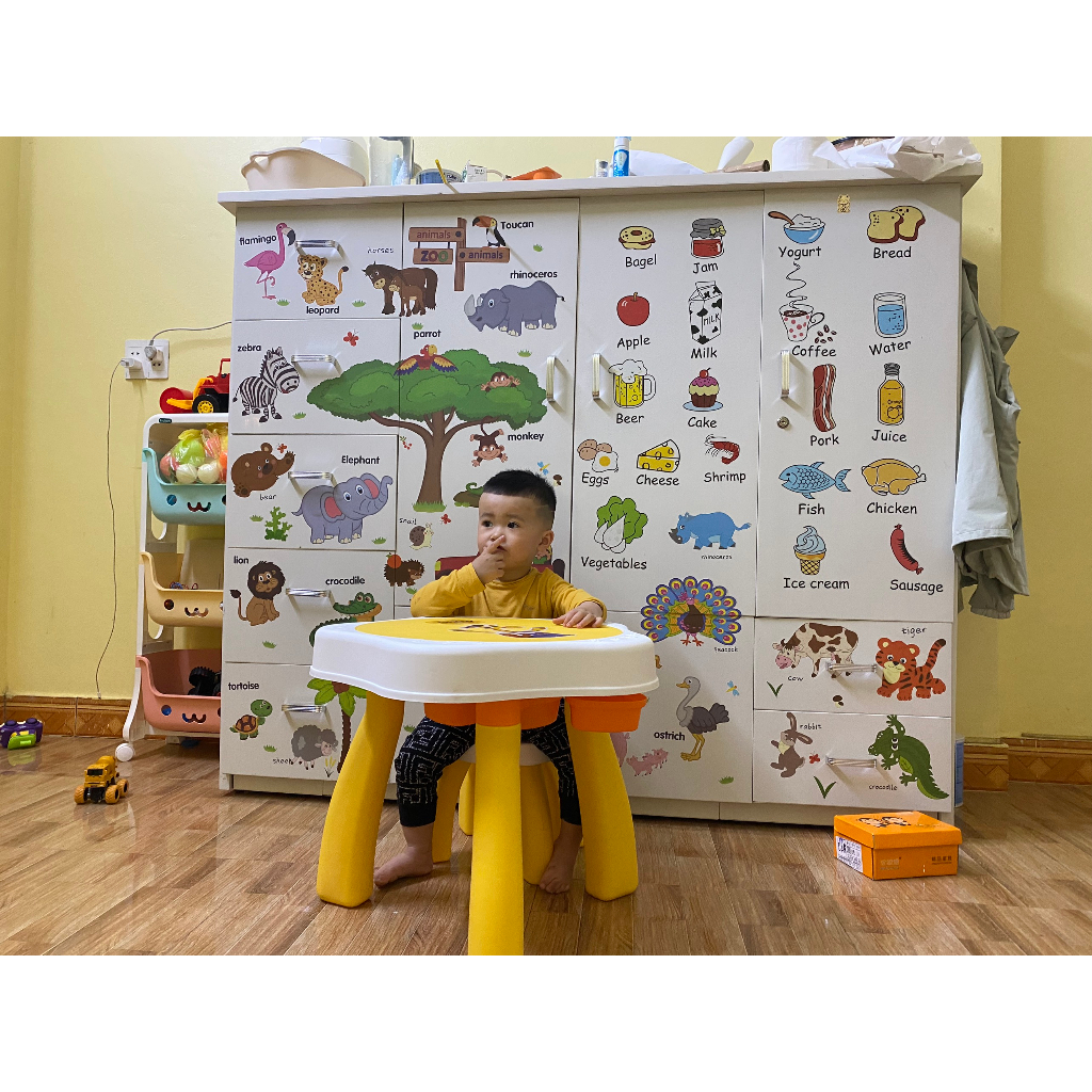 Tranh dán tường cho bé, đề can dán tường cho bé trai bé gái học các con vật tiếng anh, hình dán sticker thú