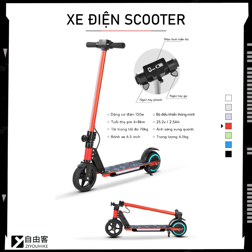ZIYOUHIKE - Xe trượt điện Scooter màu xám cỡ lớn, có phanh tay, chân chống chịu tải đến 70kg cho thiếu niên và trẻ nhỏ