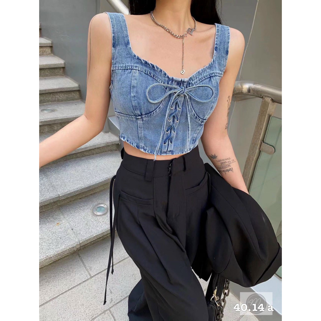 Áo hai dây jean, áo croptop 2 dây jean đan dây không mút chạy nhún lưng G135